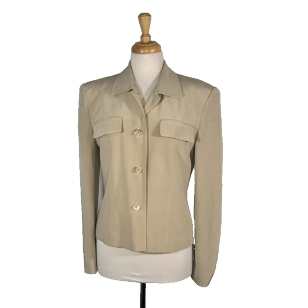 Jones New York Blouse Button Up Pockets Beige Size 6 Shoulder Pads VTG